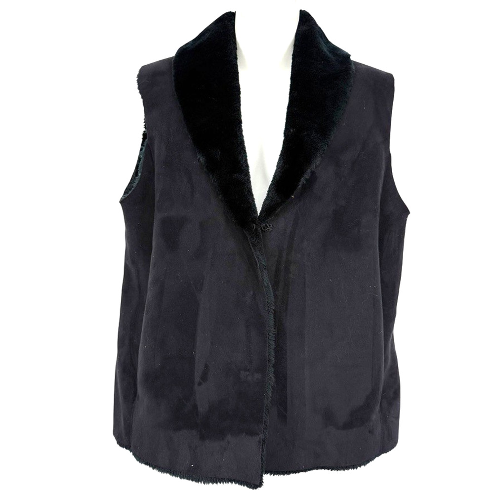 Lauren Ralph Lauren Black Faux Fur Trim Vest Sueded Sleeveless Jacket sz M